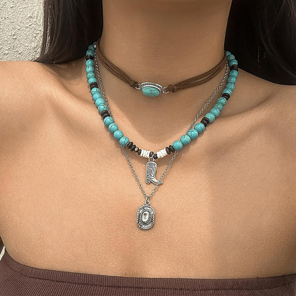Layered Western Necklaces for Women Turquoise Beaded Choker Necklace Silver Boho Cowgirl Necklace Long Y Shape Western Country Necklace Bull Head Pendant Necklace Evil Eye Necklace Country Concert Jewelry