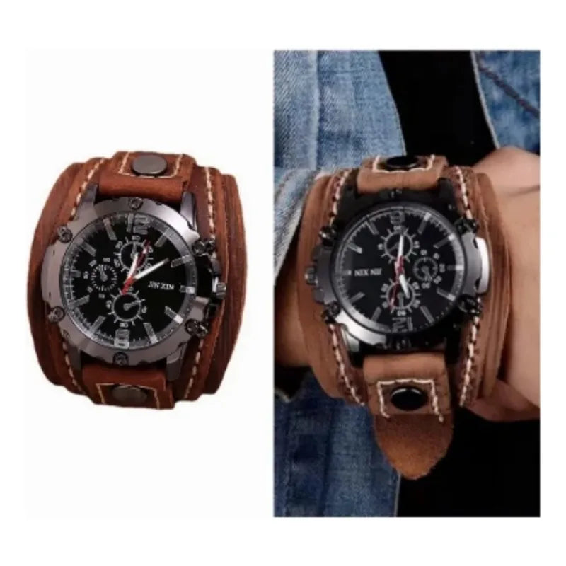 Vintage Leather Wristwatch for Men Wide Stitched Band Fashion Outdoor Watch Retro Style Decorative Boy Gift Watch