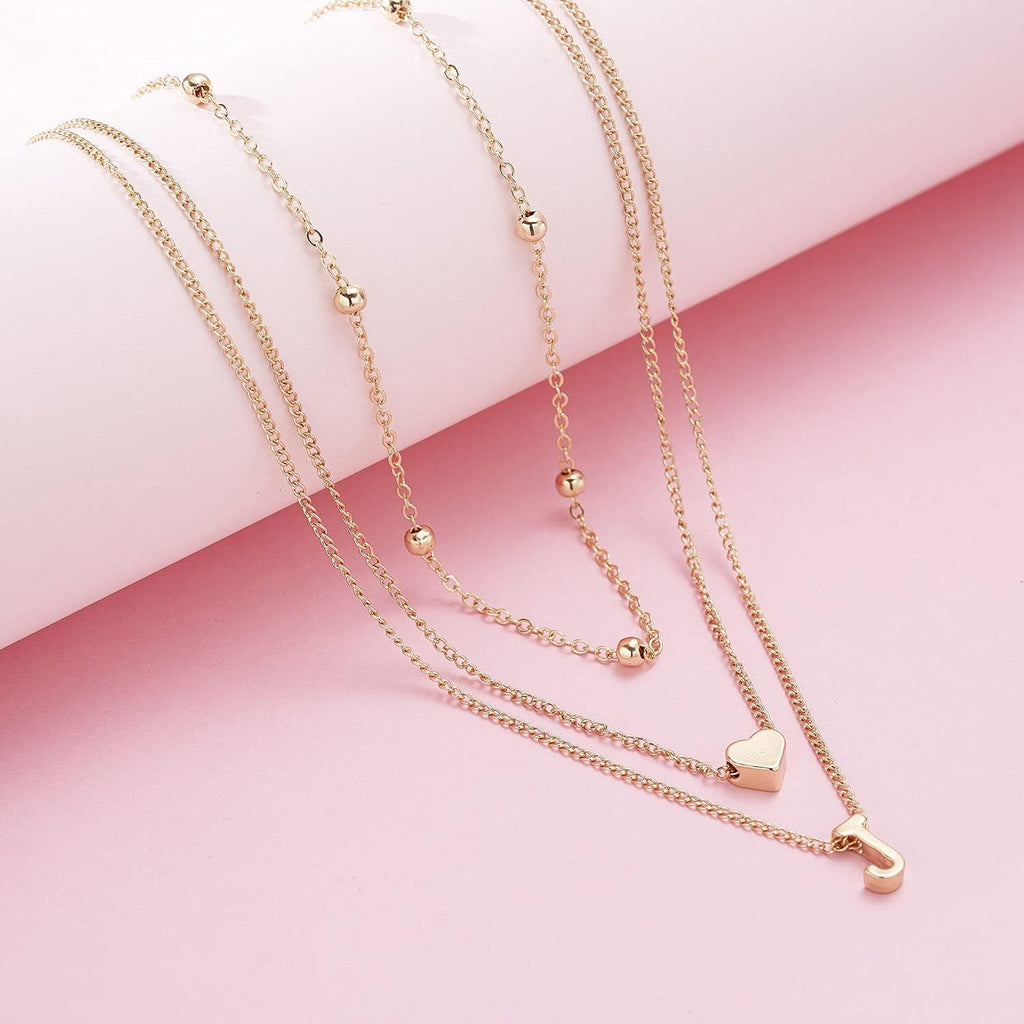 Dainty Gold Layered Initial Necklaces for Women, Simple Cute Heart Bead Letter Pendant Choker Necklace (Gold J)