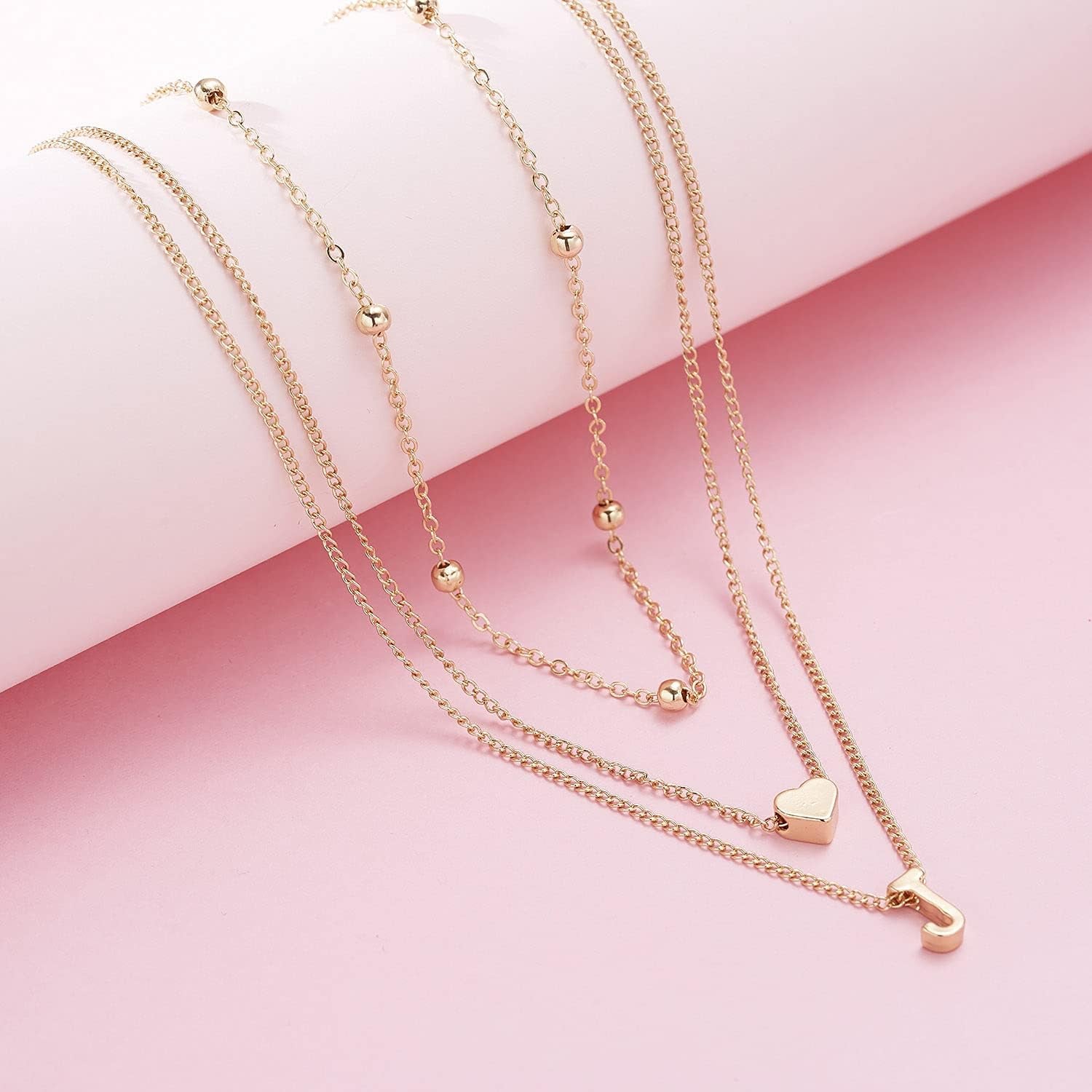 Dainty Gold Layered Initial Necklaces for Women, Simple Cute Heart Bead Letter Pendant Choker Necklace (Gold J)