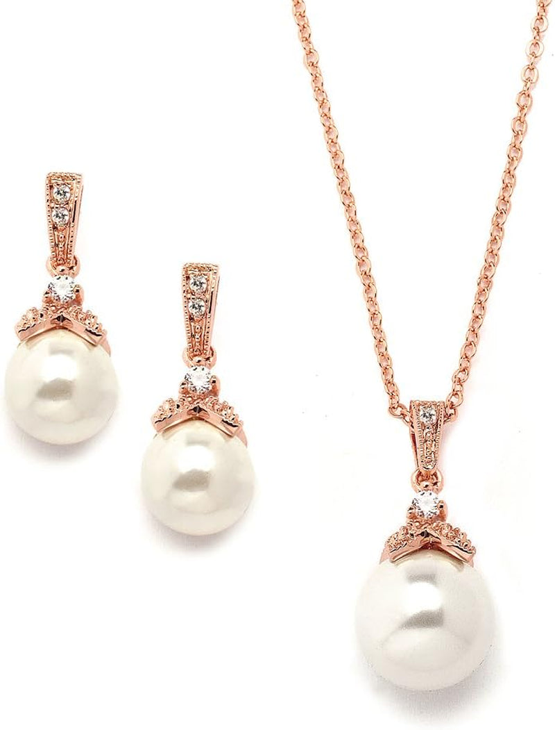 Pearl Drop Bridal Necklace Earrings Set with CZ Crystals for Bride, Bridesmaid, Birthday Gift