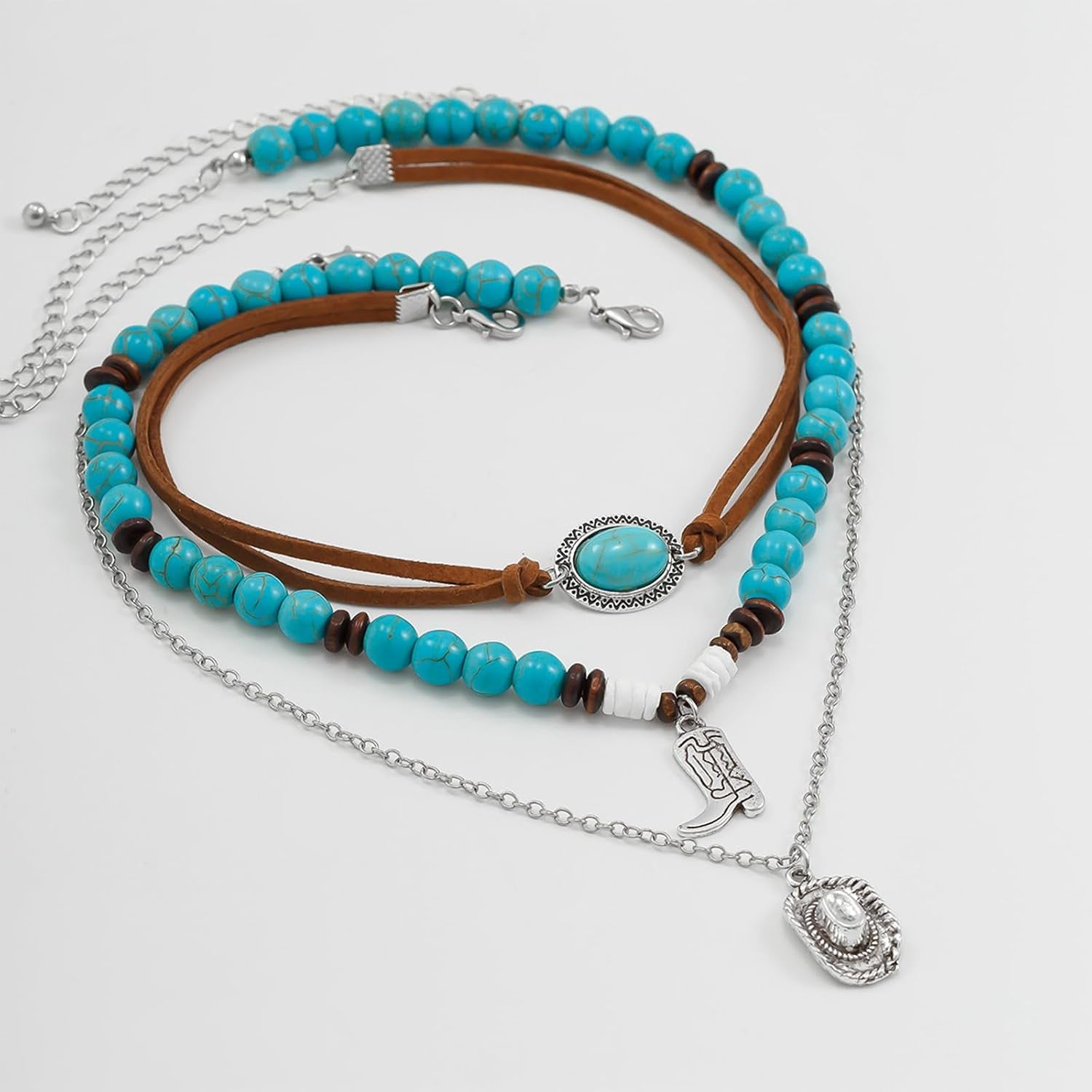 Layered Western Necklaces for Women Turquoise Beaded Choker Necklace Silver Boho Cowgirl Necklace Long Y Shape Western Country Necklace Bull Head Pendant Necklace Evil Eye Necklace Country Concert Jewelry