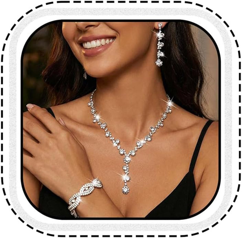 Silver Wedding Jewelry Sets Rhinestone Necklace Earrings Bracelet Set Prom Formal Costume Jewelry for Women and Brides